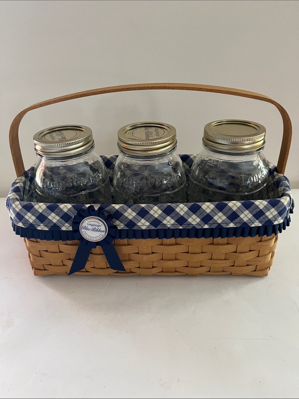 Longaberger Blue Ribbon Plaid Trim Woven Basket signed Mary Longaberger